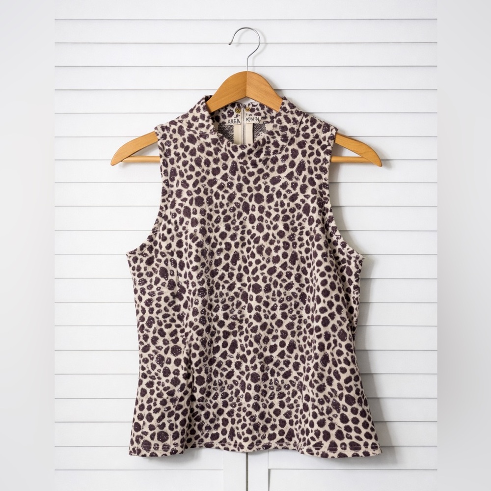 Akemi + Kin Leopard Print Sleeveless Top Small Anthropologie Chic Mock Neck